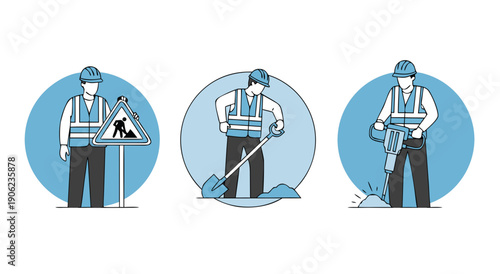 Three construction workers perform various essential tasks on a job site, including shoveling and operating a jackhammer.