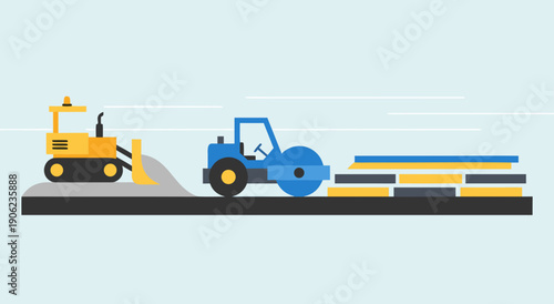 Two essential heavy construction vehicles, a bulldozer and a road roller, are actively working on a road or construction site.
