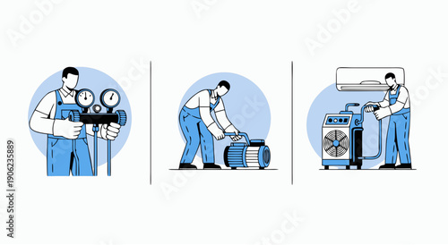 Three skilled technicians perform various maintenance tasks, including checking gauges, working on machinery, and servicing an AC unit.