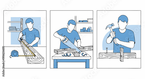 This illustration captures the sequential process of woodworking, from measuring and cutting a wooden plank to hammering nails.
