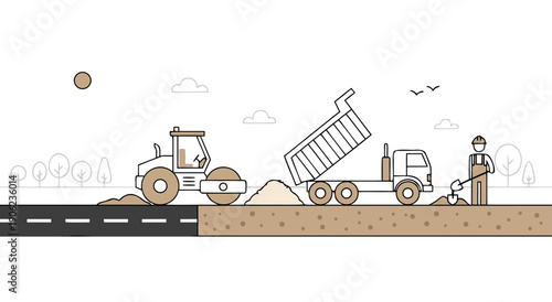 An illustration showing road construction in progress, with a compactor roller flattening asphalt and a dump truck unloading material.