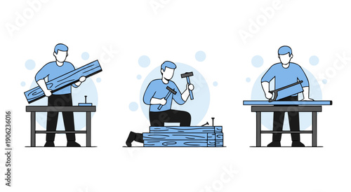 A monochromatic series of illustrations shows a craftsman performing various steps of woodworking, including carrying, hammering, and sawing wood.