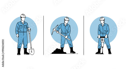 Construction workers are performing various manual labor tasks, including digging with a shovel, using a pickaxe, and operating a jackhammer.