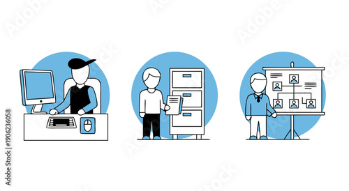 Various office professionals are engaged in typical business activities such as computer work, filing documents, and presenting an organizational chart.