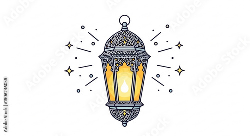 Vintage lantern with intricate design and warm yellow light on white background