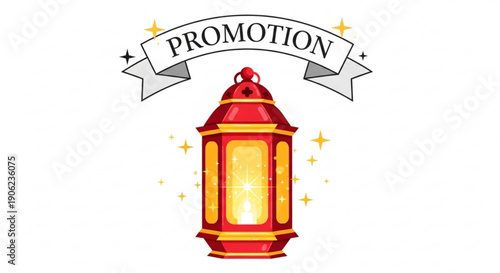 Red lantern with promotion banner and sparkles on white background