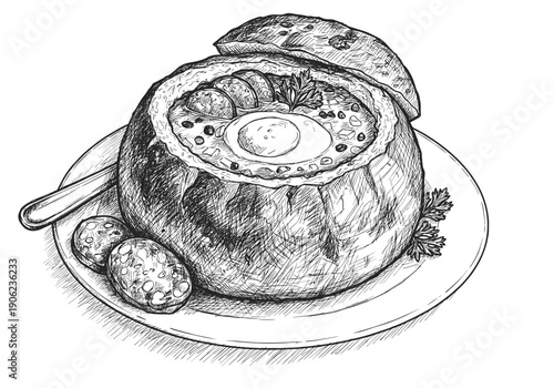 Hand drawn engraving of traditional Polish Zurek soup served in a crusty bread bowl with boiled egg and herbs for rustic culinary design