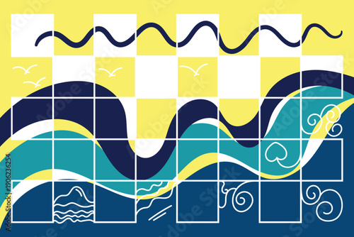 Abstract illustration of ocean waves and a checkerboard sky. Fluid blue patterns, yellow squares, and stylized line art create a vibrant modern aquatic design