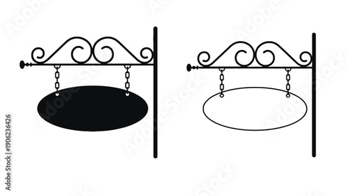 Two ornate hanging signs, one solid black and one outlined, are displayed.