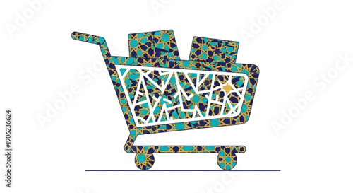 Colorful shopping cart filled with bags vibrant abstract pattern white background modern e commerce concept