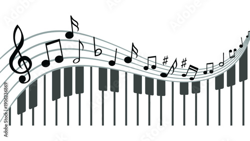 Musical notes flow over a piano keyboard in a wavy pattern.