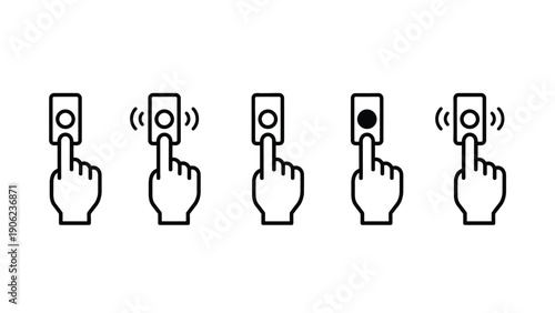 A hand presses a doorbell button in a sequence of five illustrations.