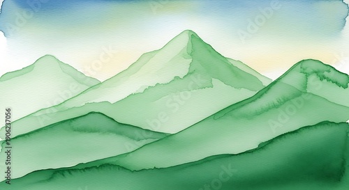 Layered peaks display gentle green coloration under a soft blue sky