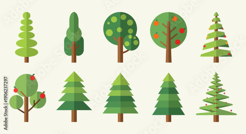 Set of Colorful Flat Vector Trees with Fruits and Pine