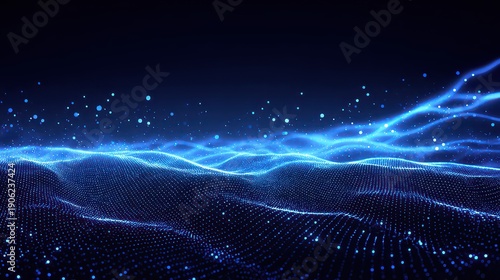 Dynamic Blue Wavy Particle Surface with Glowing Lights and Depth of Field Against Dark Backdrop for Technological Sophistication