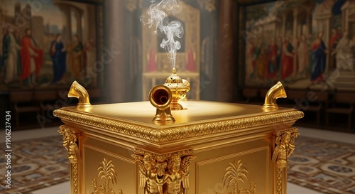 Ornate golden altar sits centrally within a richly decorated sacred interior space