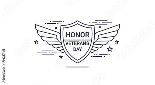 Minimalist Veterans Day honor emblem line art with shield and wings, perfect for patriotic tributes