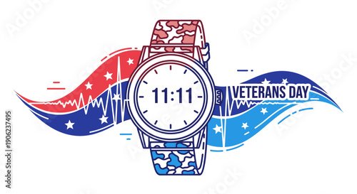 Vibrant Veterans Day 11:11 Commemoration Artwork with Patriotic Flag Motifs and Military Watch
