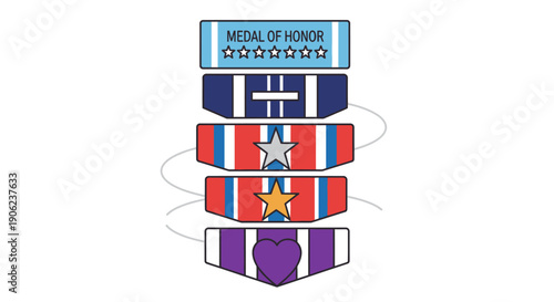A stack of prestigious military service ribbons including the Medal of Honor and Purple Heart