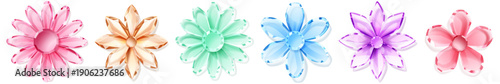 Set of crystal flowers with soft shadows on white background, in pastel shades, with delicate petals and sparkling facets.