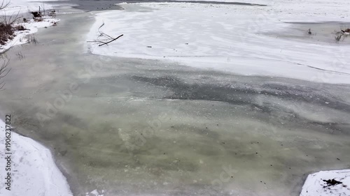 Aerial Vistula River ice water winter ducks Poland overhead 4K. Winter season cold arctic temperatures, ice flows and dangerous ice jams. Longest river in Poland. To Baltic Sea. Transportation.