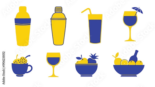 Colorful icons of cocktail shakers and glasses with fruit
