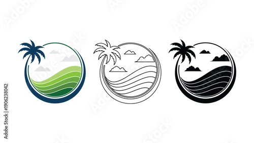 Circular emblems depict a tropical landscape with a palm tree and waves.