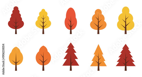 Flat Vector Collection of Autumnal Deciduous and Evergreen Conifer Trees
