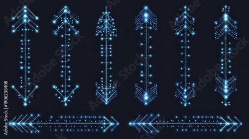 Neon Blue Glowing Arrows in Rows Directional Guidance for Digital Design on Dark Background