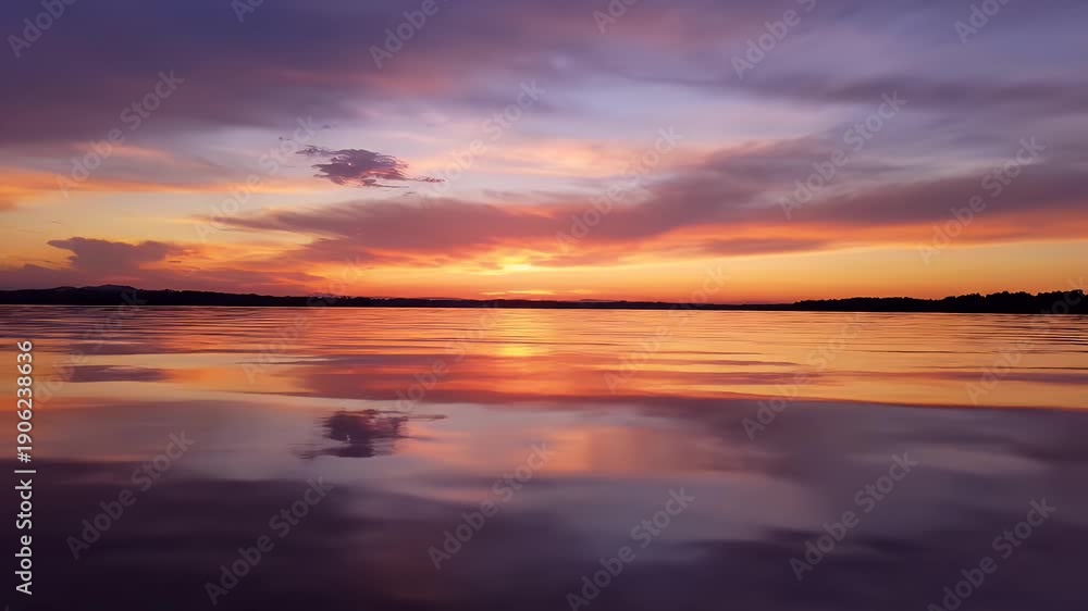 custom made wallpaper toronto digitalTranquil Sunset Reflection on Water - A serene sunset casts a vibrant array of orange, pink, and purple hues across the sky, beautifully mirrored on the calm water below.