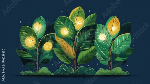 Pixel Art Foliage with Glowing Lights on Blue Background Detailed Pixelated Plant Illustrations for Decorative Purposes Digital Artwork Aesthetic