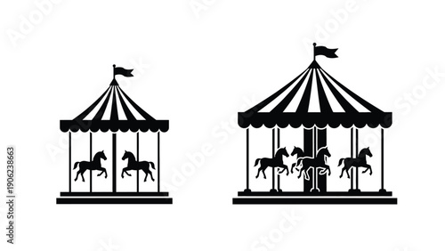 Carousel silhouette icons with horses in black and white background