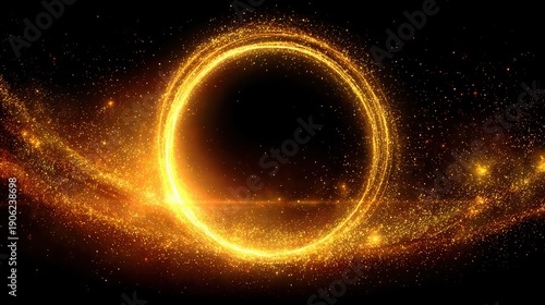 Radiant Golden Glittering Circle Portal on a Dark Background with Shimmering Light Trails for Elegant and Magical Design Projects