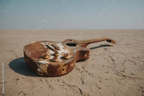 Rusted Vintage Electric Guitar Abandoned on Dried Arid Desert Landscape Under Clear Blue Sky in Sunny Weather