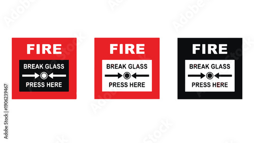 Three fire alarm pull station signs are displayed against a white background.