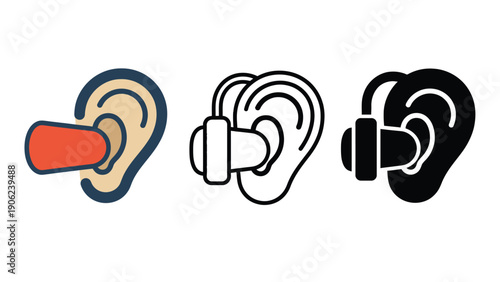 Ear hearing protection icons with earplugs and earmuffs in different styles