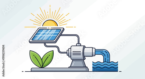Illustration of solar energy powering a water pump for sustainable irrigation and eco-friendly