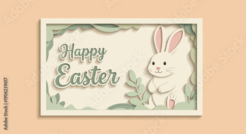 Charming Easter greeting card featuring a cute, fluffy bunny surrounded by delicate leafy accents in a light, airy color palette, perfect for the springtime celebration