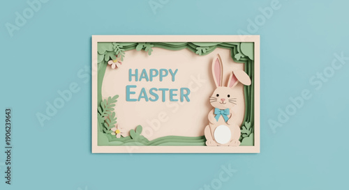 Happy Easter greeting card with a cute bunny illustration, a border of floral elements and text, on a light blue background