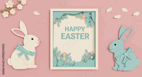 Happy Easter with cute bunnies and floral decorations, a festive paper-cut style illustration for the spring holiday celebration