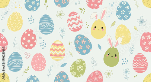 Seamless pattern with cute Easter eggs, flowers, and bunny ears, perfect for festive designs and spring celebrations