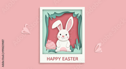 Happy Easter greeting card with a cute white bunny rabbit and pastel egg, adorned with decorative paper cut elements on a soft pink background, celebrating spring