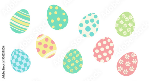 Cute collection of Easter eggs with floral patterns, polka dots, and geometric designs in pastel colors, perfect for spring celebrations