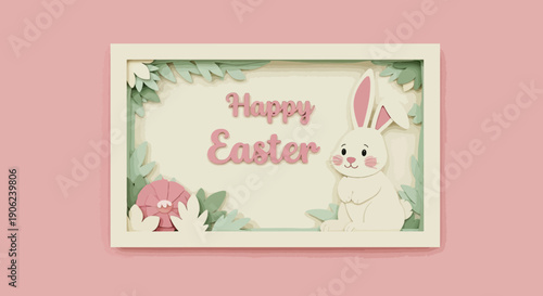 Delicate paper-cut style Easter greeting card featuring a cute bunny and floral elements, conveying warm wishes for a happy celebration
