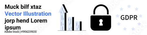 Data privacy, GDPR compliance, cybersecurity, data visualization, personal data protection, online safety. Bar graph, padlock icon GDPR text with stars. Data privacy and cybersecurity