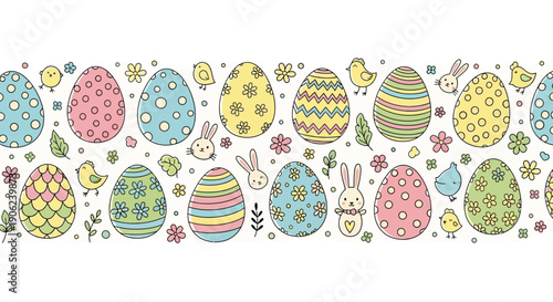 Seamless pattern of colorful Easter eggs, chicks, and bunnies with floral and geometric designs, perfect for spring celebrations and festive decorations