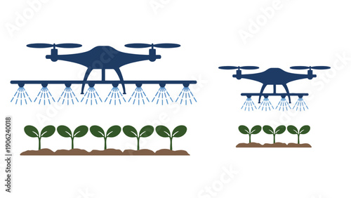 Drone spraying water on young plants in soil illustration