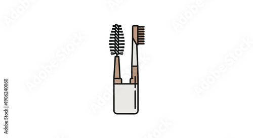 Simple line drawing of two toothbrushes in a holder.