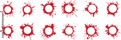 Blood splatter ring set for horror design. Red grunge circle stains for poster and banner use. Distressed round splash textures collection.