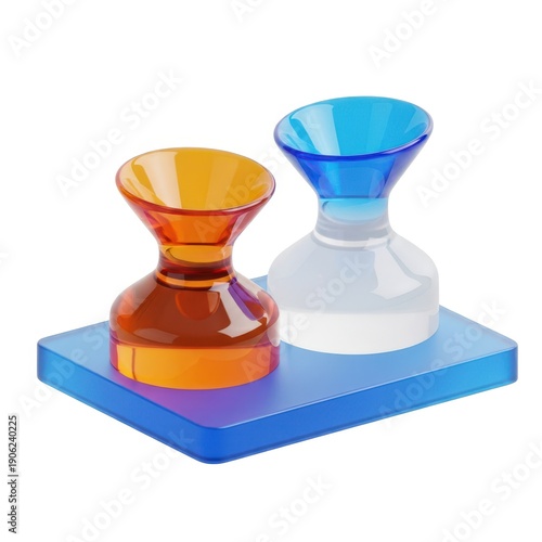 Two stylish hourglass vases on a reflective blue base platform.